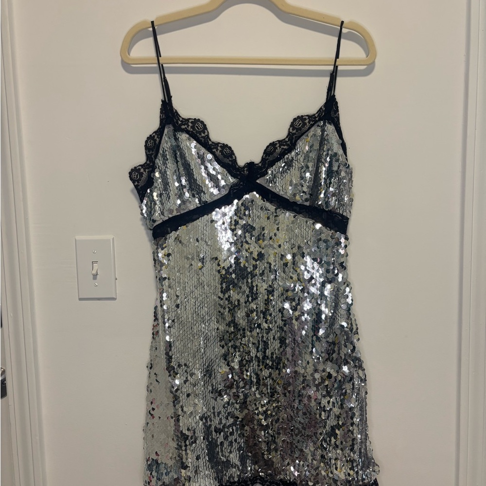 Akira Silver Sequin Lace Trim Bodycon Dress